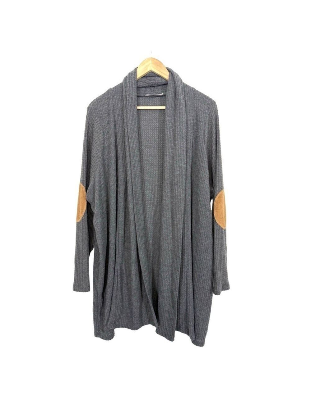 Honey Punch Waffle Knit Open Cardigan Sweater Sz 3X Gray Elbow Patch Academia